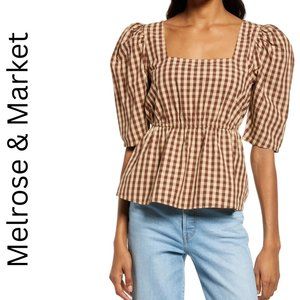 🎉HP🎉 NWT Melrose and Market Gingham Check Top with Puff Sleeve Square Neck L